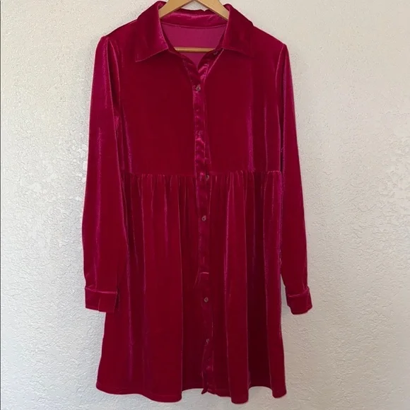 PINK Velvet Button-Up Dress size L - Picture 2 of 10